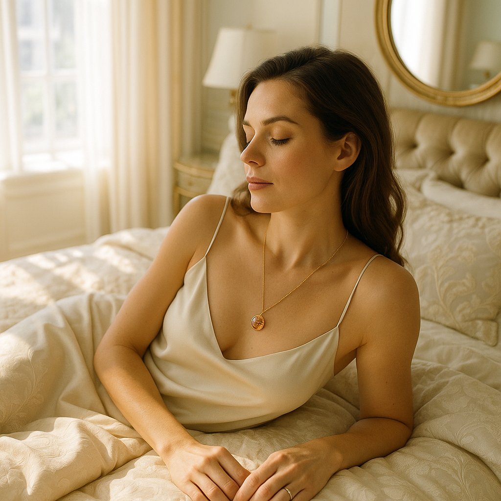 Woman sleeping peacefully with necklace carefully placed on nightstand instead of worn to bed