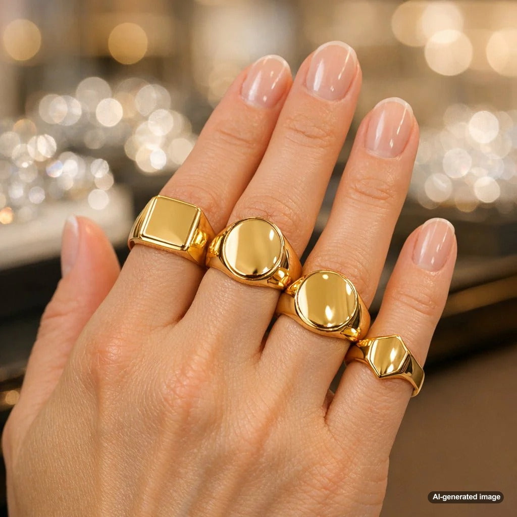 Close-up image of a man and woman's hands wearing different sized gold and diamond signet rings, showing proportion on various finger types.