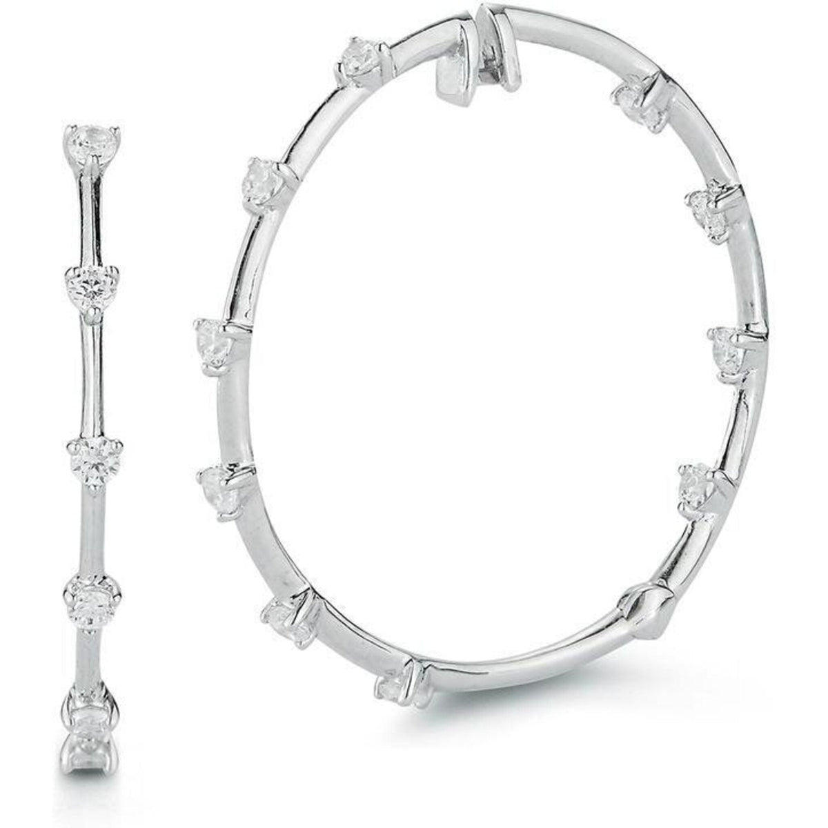 Sofer Jewelry 14K White Gold Inside and Outside Raised Diamond Hoop Earrings