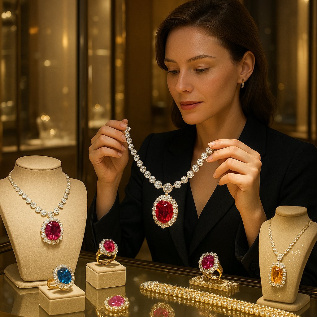 A collection of vibrant spinel gemstones in various cuts and colors including red, pink, and blue, showcasing their brilliant sparkle.