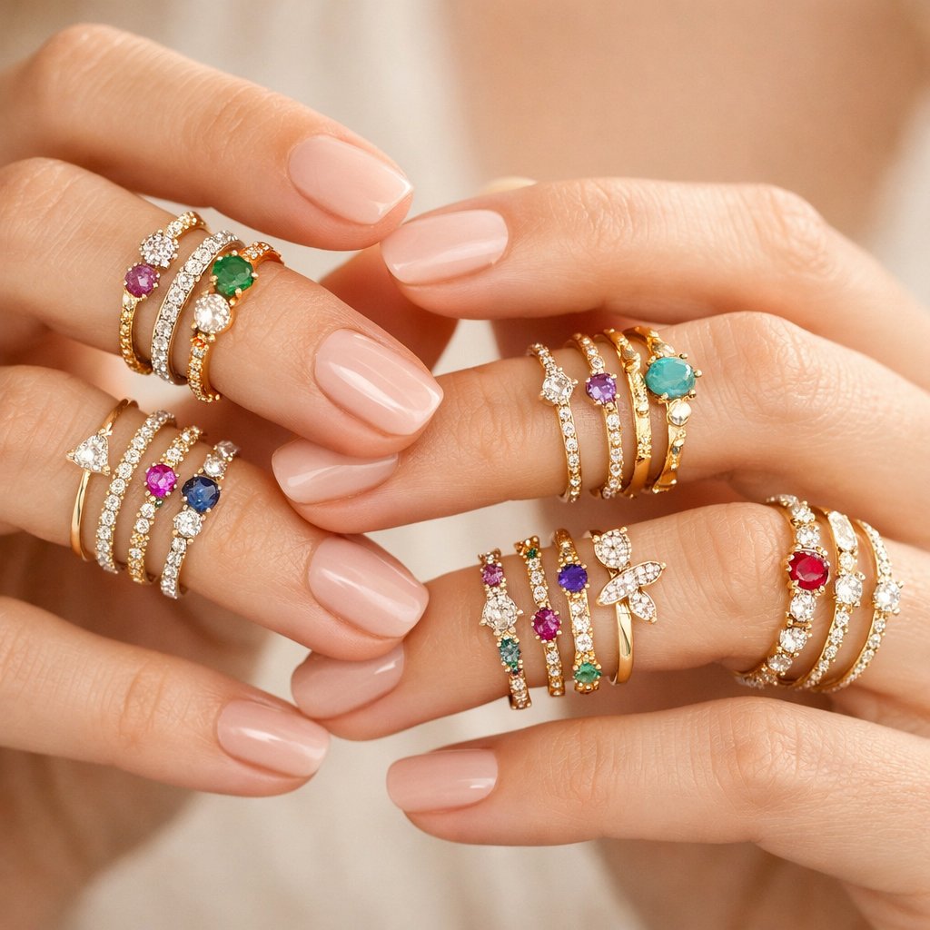 A beautiful mix-and-match stack of gold and diamond rings on a woman's hand, showcasing the art of ring stacking.