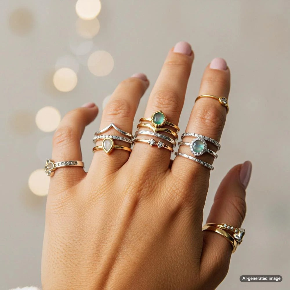 A stunning collection of stackable rings in various metals and gemstones, showcasing the latest jewelry trend.