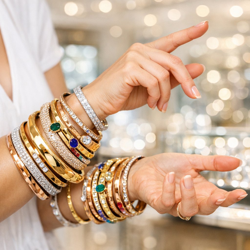 A beautifully curated stack of gold bangle bracelets in yellow, white, and rose gold tones, mixed with textured and diamond-accented designs on a woman's wrist.