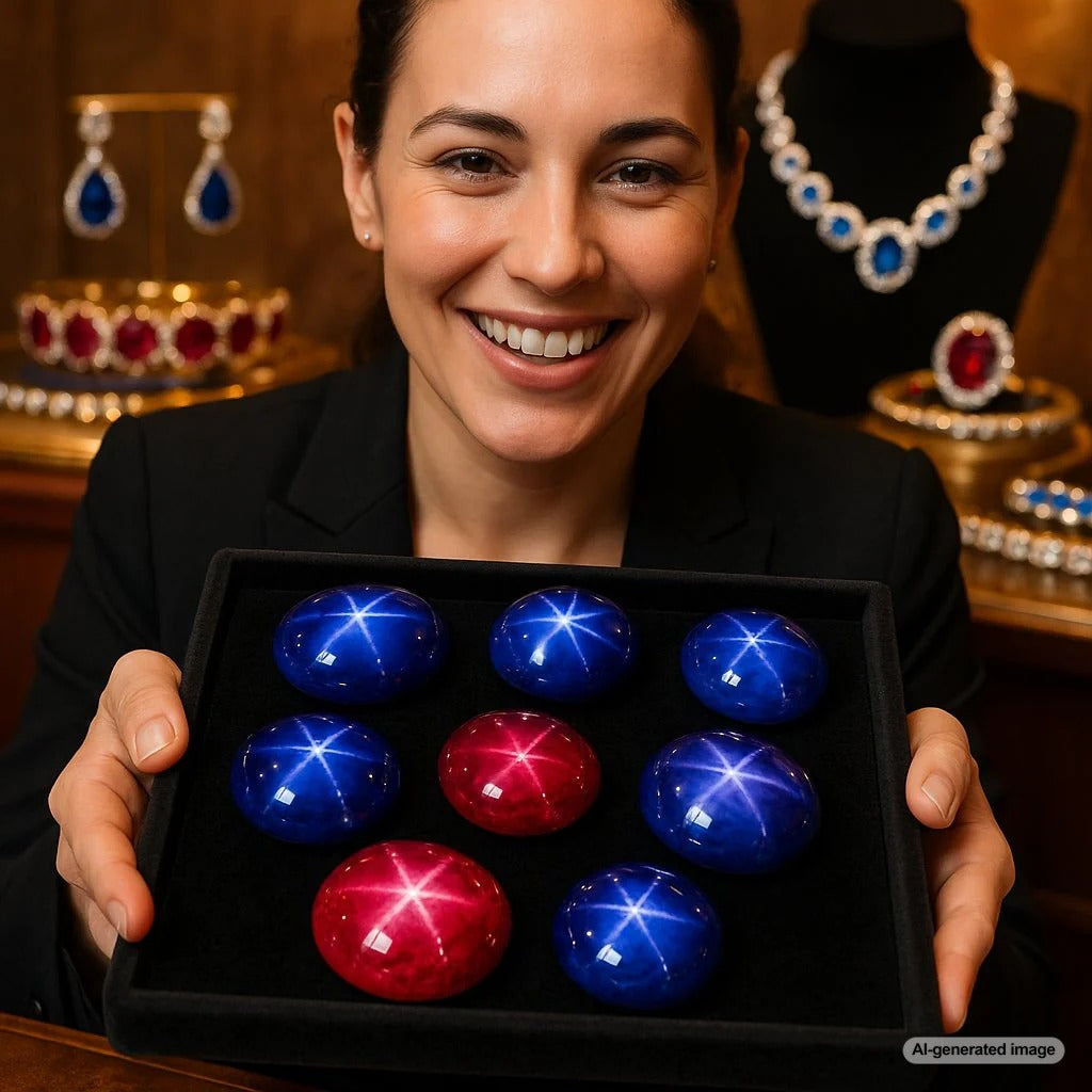 Close-up of a stunning star sapphire and star ruby ring, showcasing the sharp, silvery asterism star effect against a deep blue and red gemstone background.