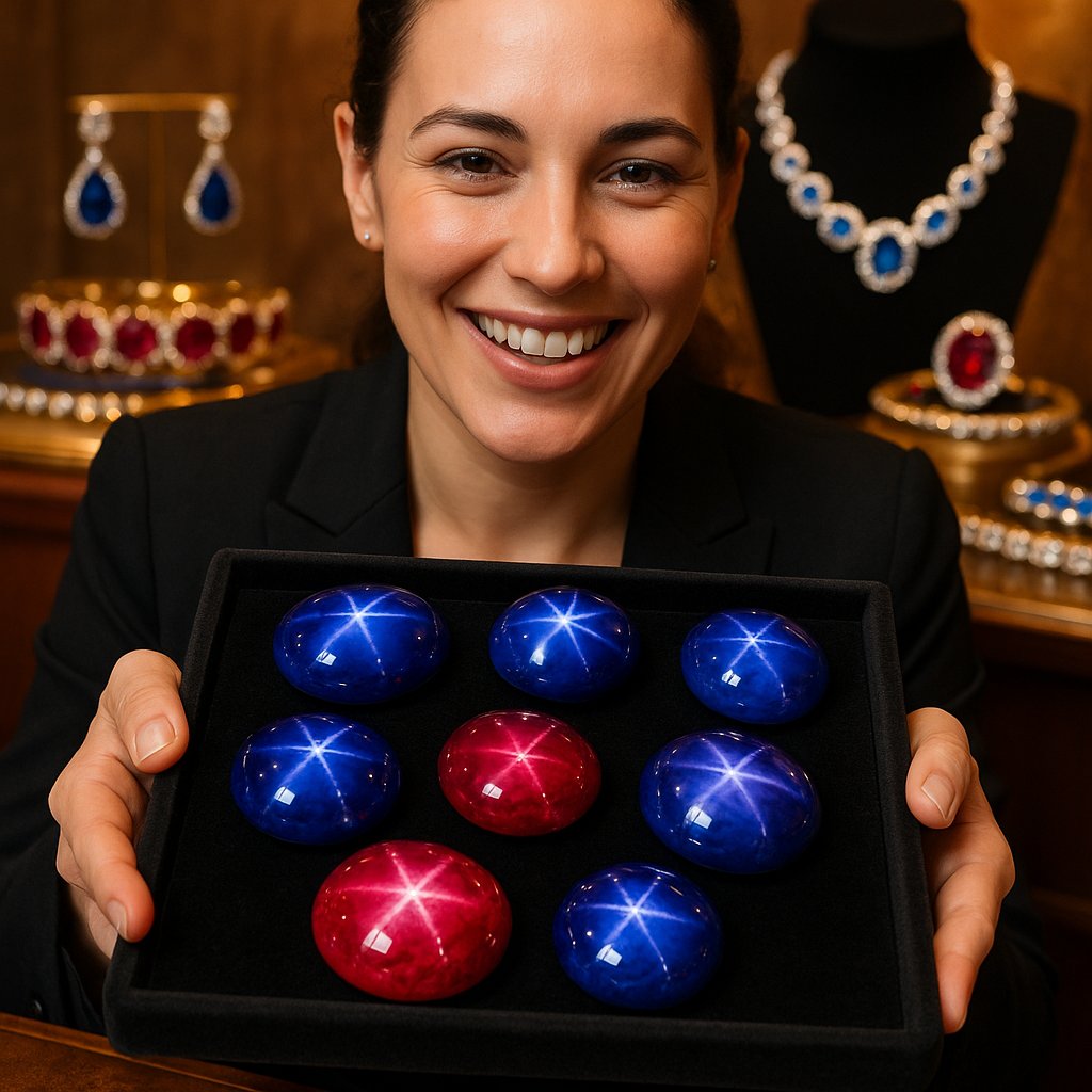 Close-up of a stunning star sapphire and star ruby ring, showcasing the sharp, silvery asterism star effect against a deep blue and red gemstone background.