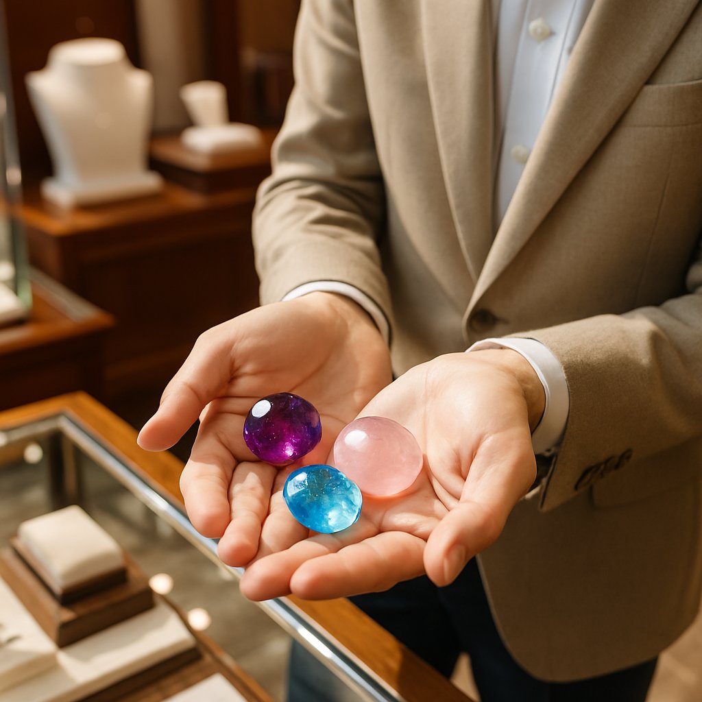 A curated collection of serene blue and purple gemstone jewelry including rings, necklaces, and bracelets on a soft grey background