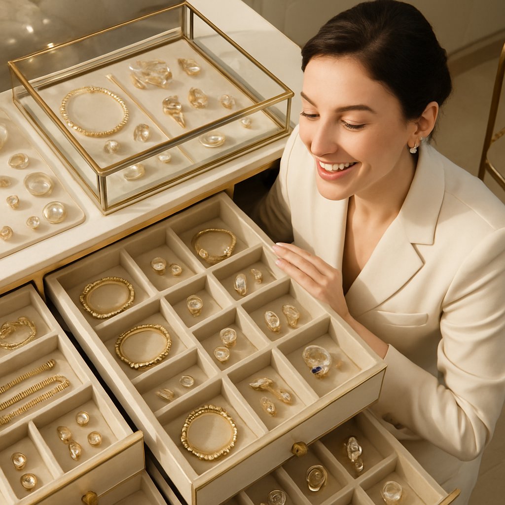 An organized jewelry box with various compartments holding rings, necklaces, and earrings from Robinson's Jewelers