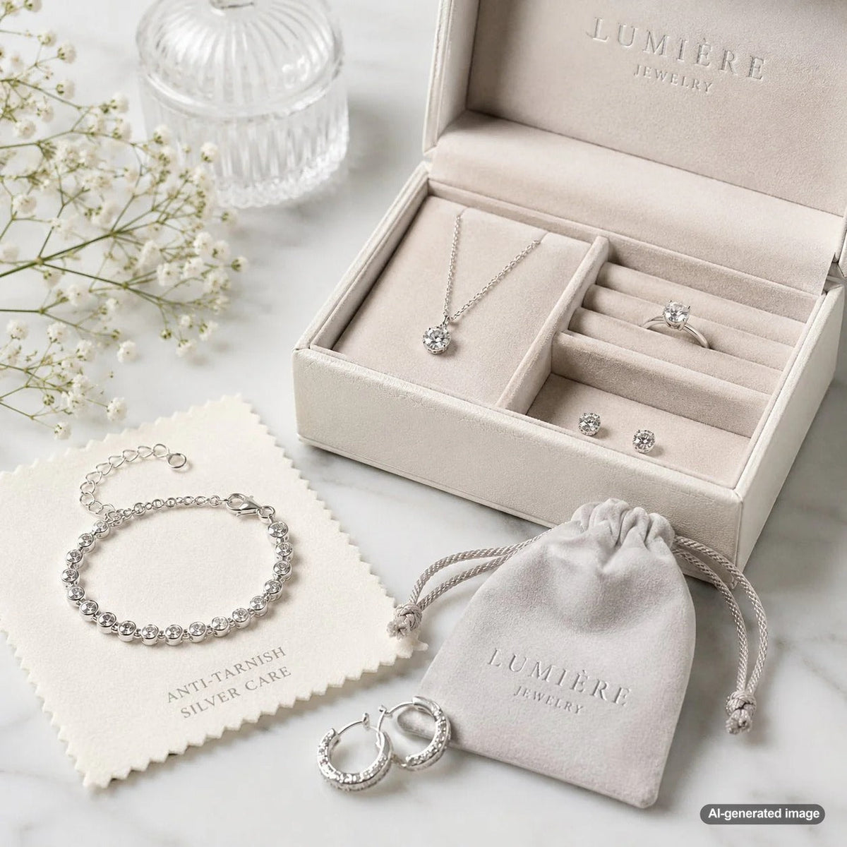 A beautiful sterling silver ring stored safely in a soft pouch to prevent tarnish.