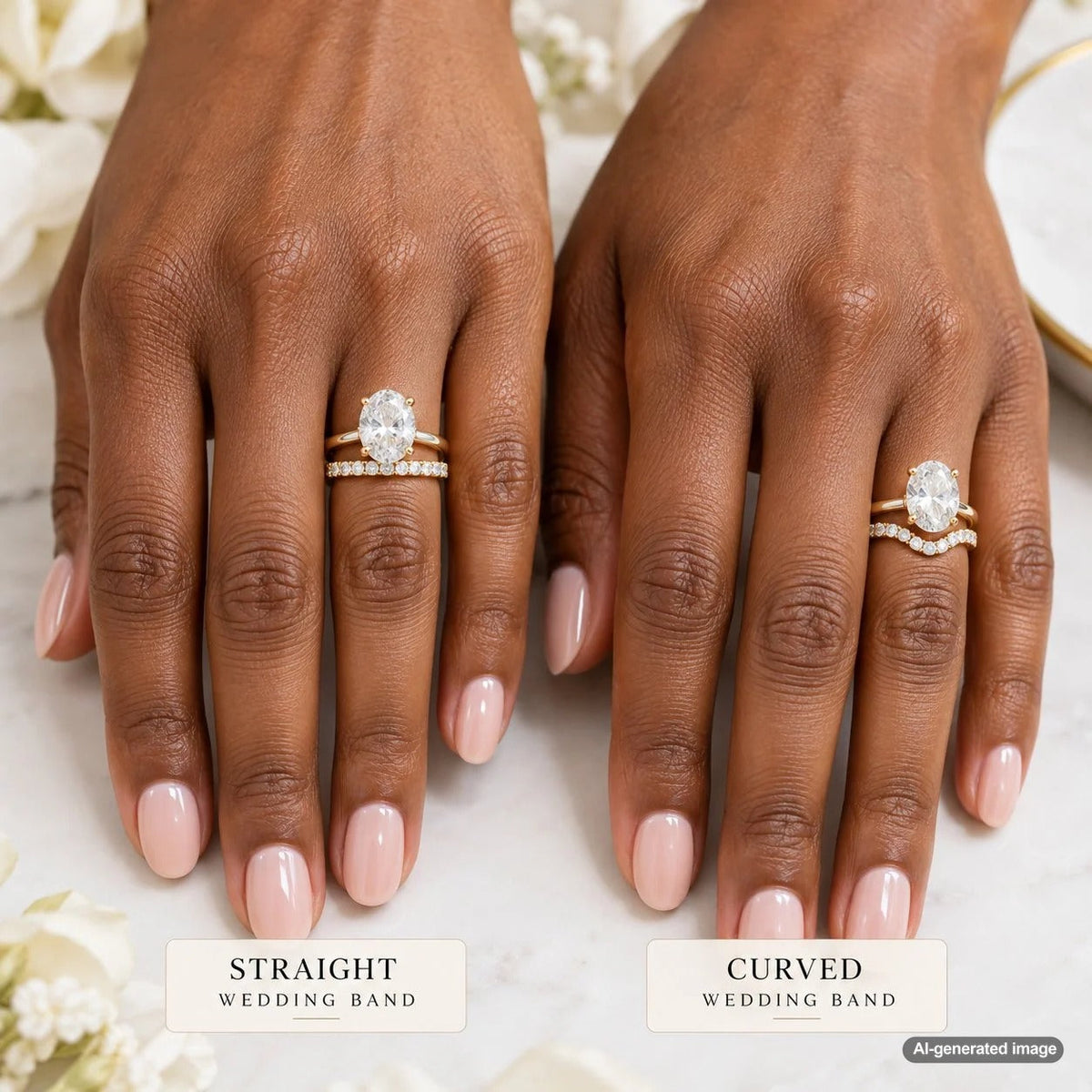 Straight and curved wedding bands paired with diamond engagement rings to compare classic and contoured bridal ring styles
