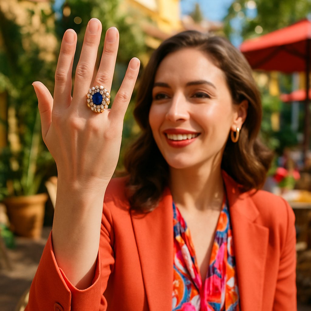 A woman's hand wearing a stunning emerald and diamond cocktail ring, resting on a sunlit table at a chic daytime brunch setting.