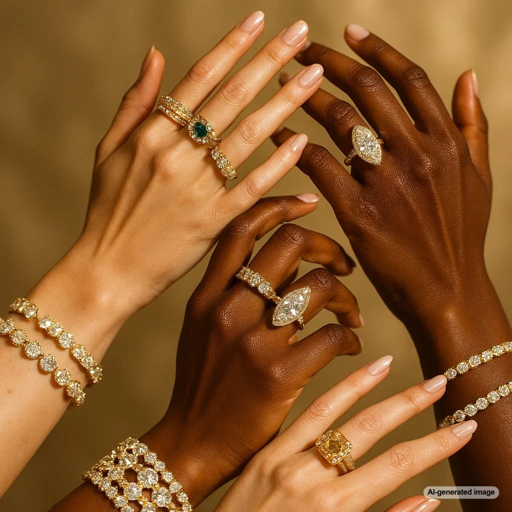 Close-up of a woman's hand wearing multiple shiny sterling silver rings and bracelets, showcasing brilliant, tarnish-free jewelry for daily wear.