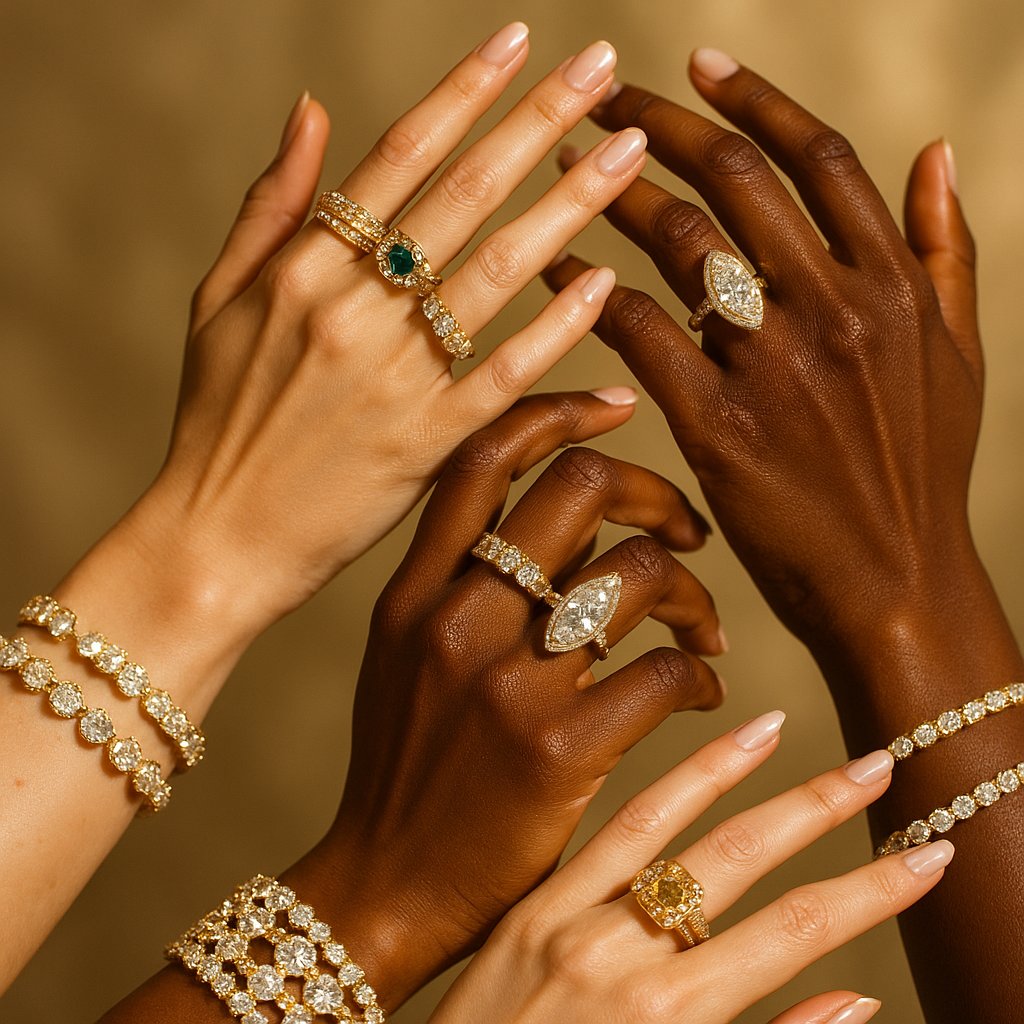 Close-up of a woman's hand wearing multiple shiny sterling silver rings and bracelets, showcasing brilliant, tarnish-free jewelry for daily wear.