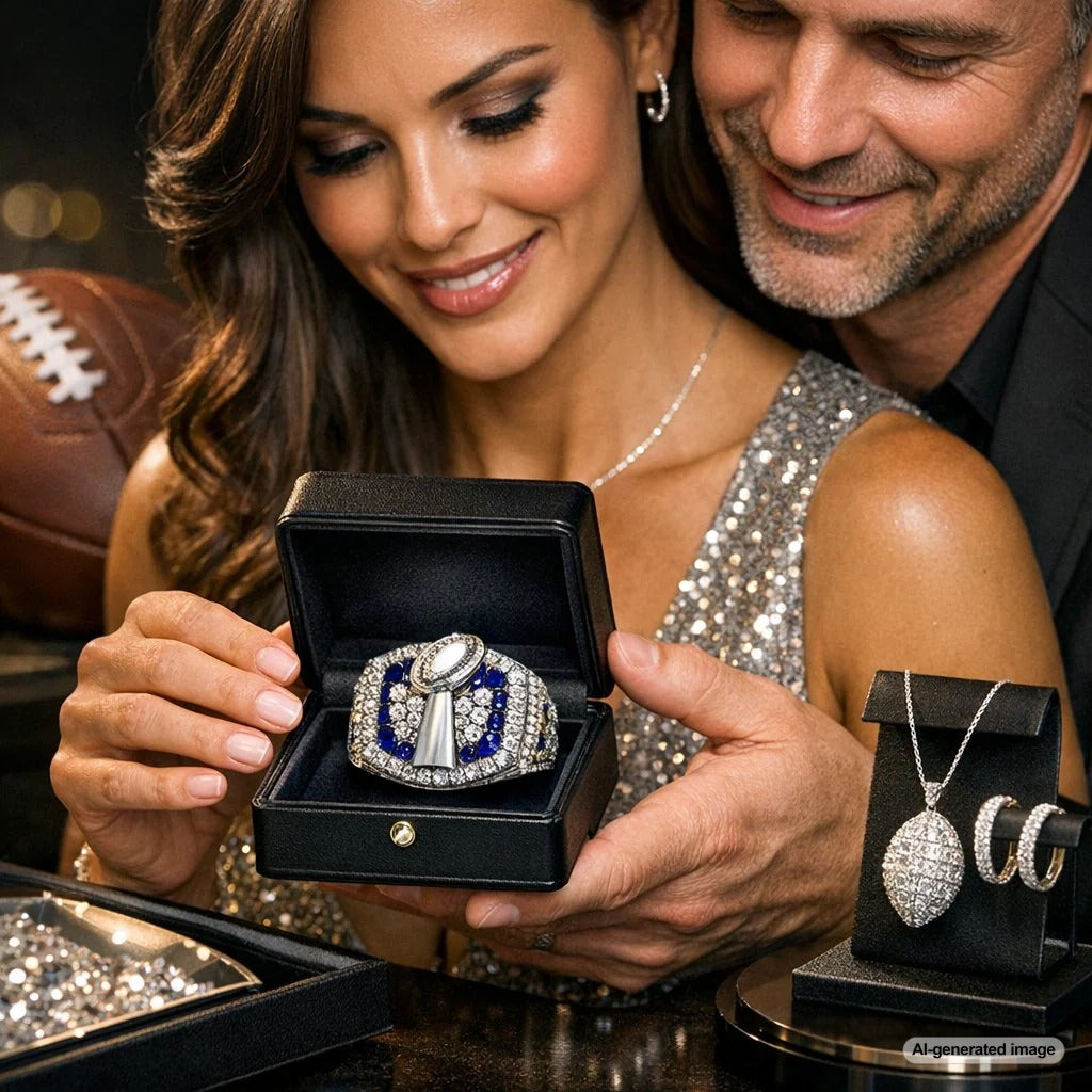 A stunning collage of Super Bowl halftime performers wearing extravagant diamond jewelry, necklaces, and earrings, including Rihanna, Lady Gaga, Usher, and Bad Bunny.