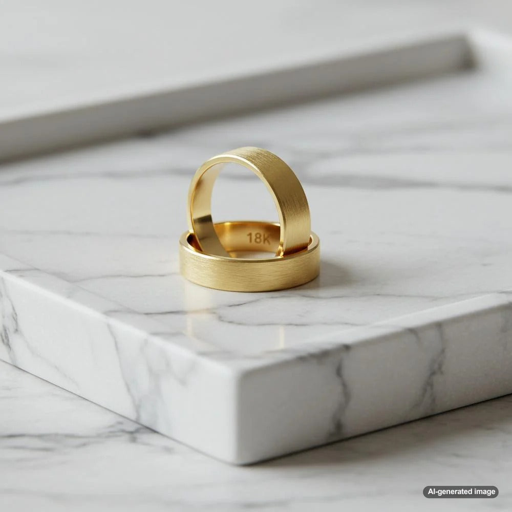 Close-up of jewelry stamps and markings on a gold ring