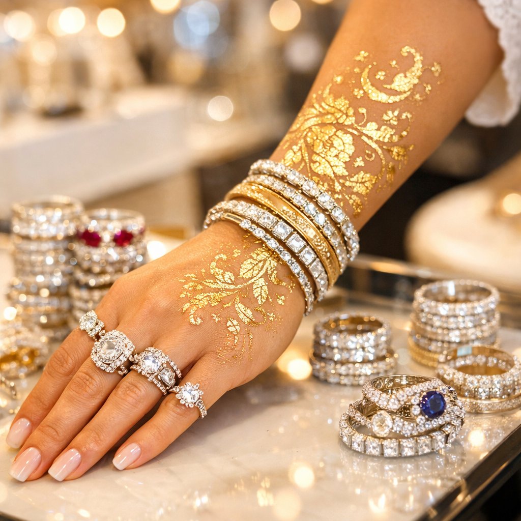 Close-up artistic image of delicate gold leaf designs fused onto skin, illustrating the experimental tattooed gold technique with a warm, luminous glow.