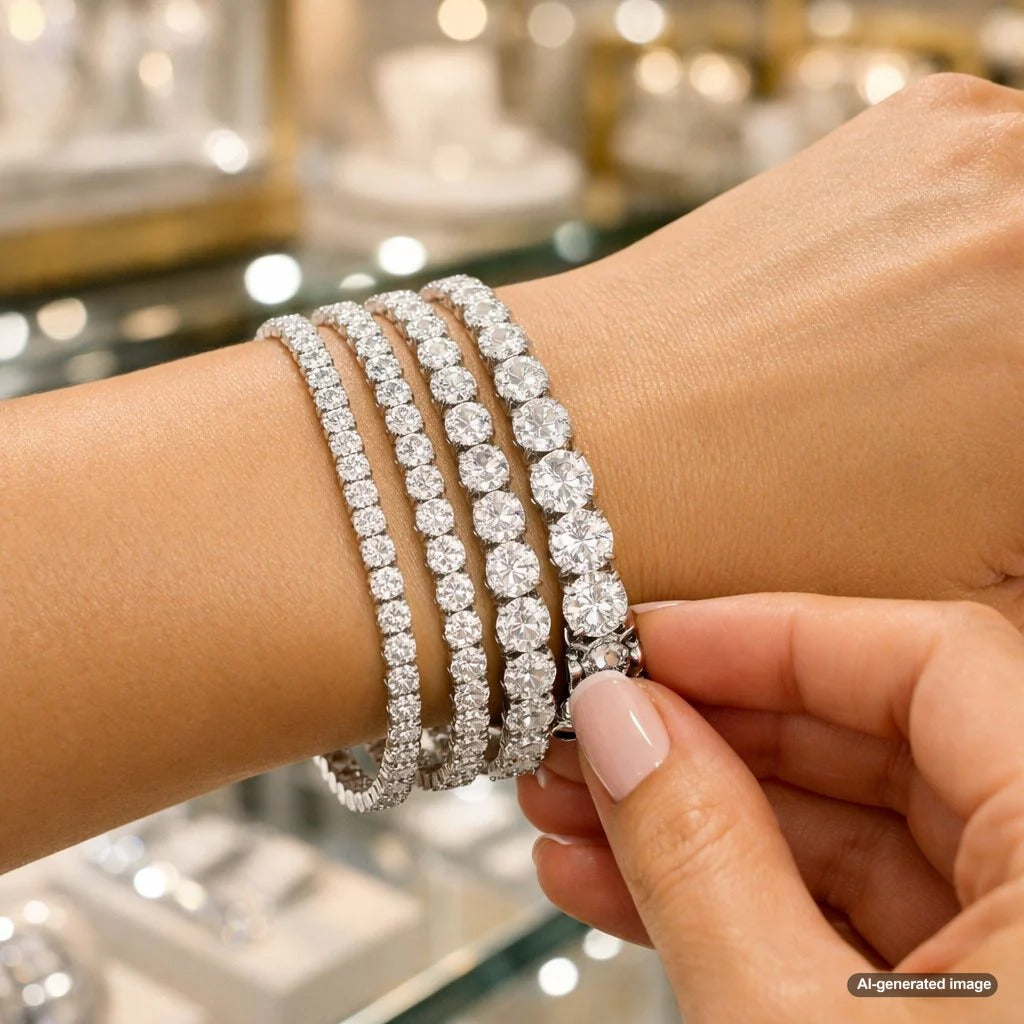 Close-up of a brilliant diamond tennis bracelet elegantly draping on a woman's wrist, showcasing sparkle and fit.