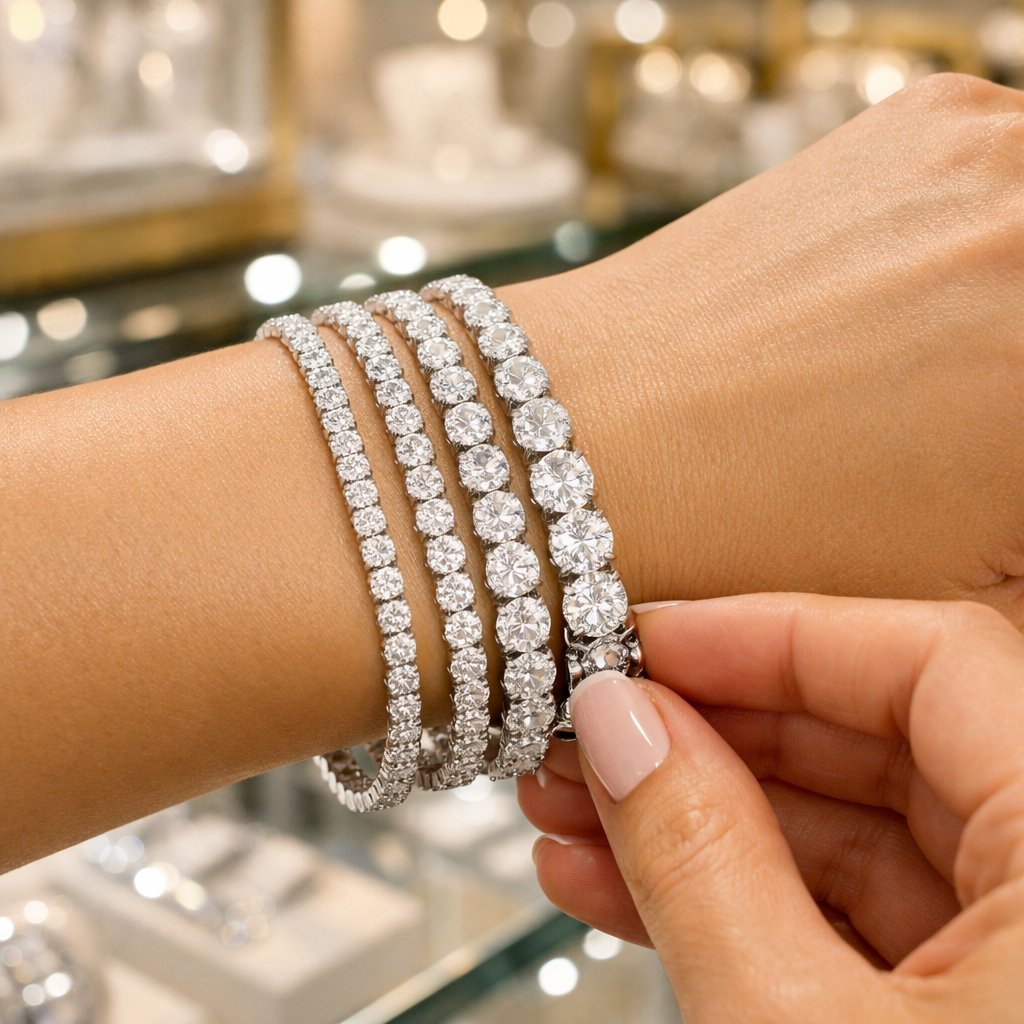 Close-up of a brilliant diamond tennis bracelet elegantly draping on a woman's wrist, showcasing sparkle and fit.