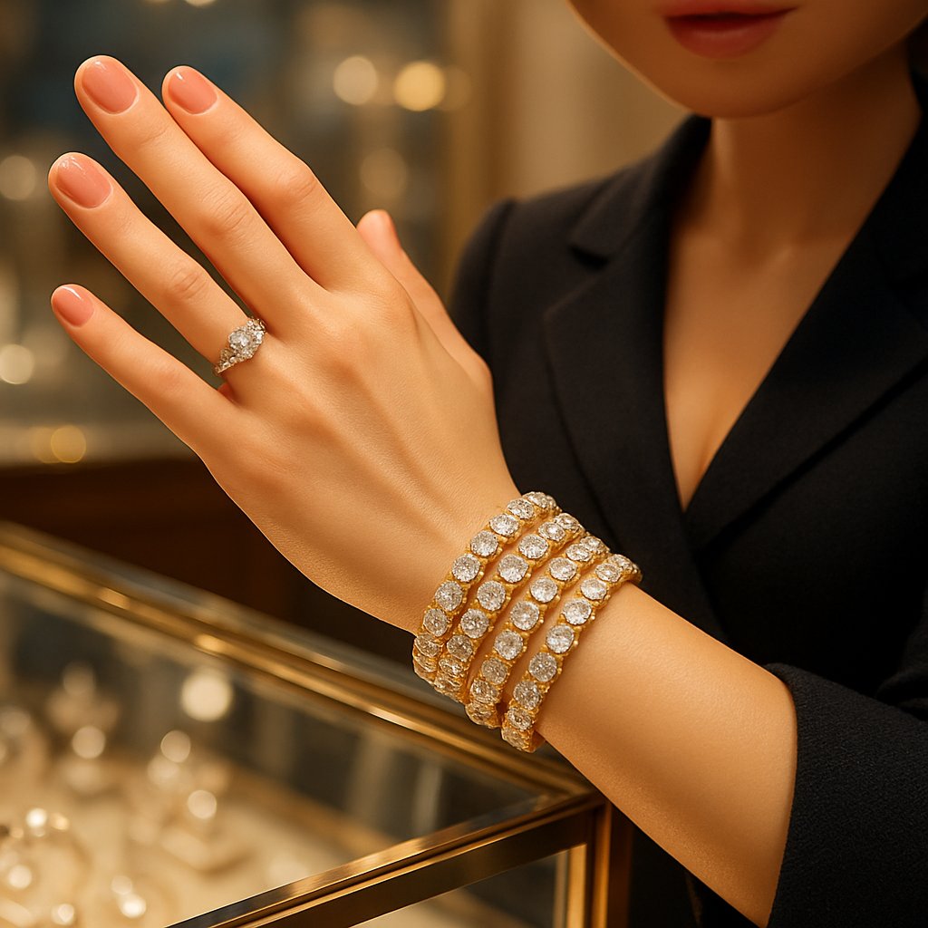 Close-up of a stunning diamond tennis bracelet elegantly draped on a woman's wrist