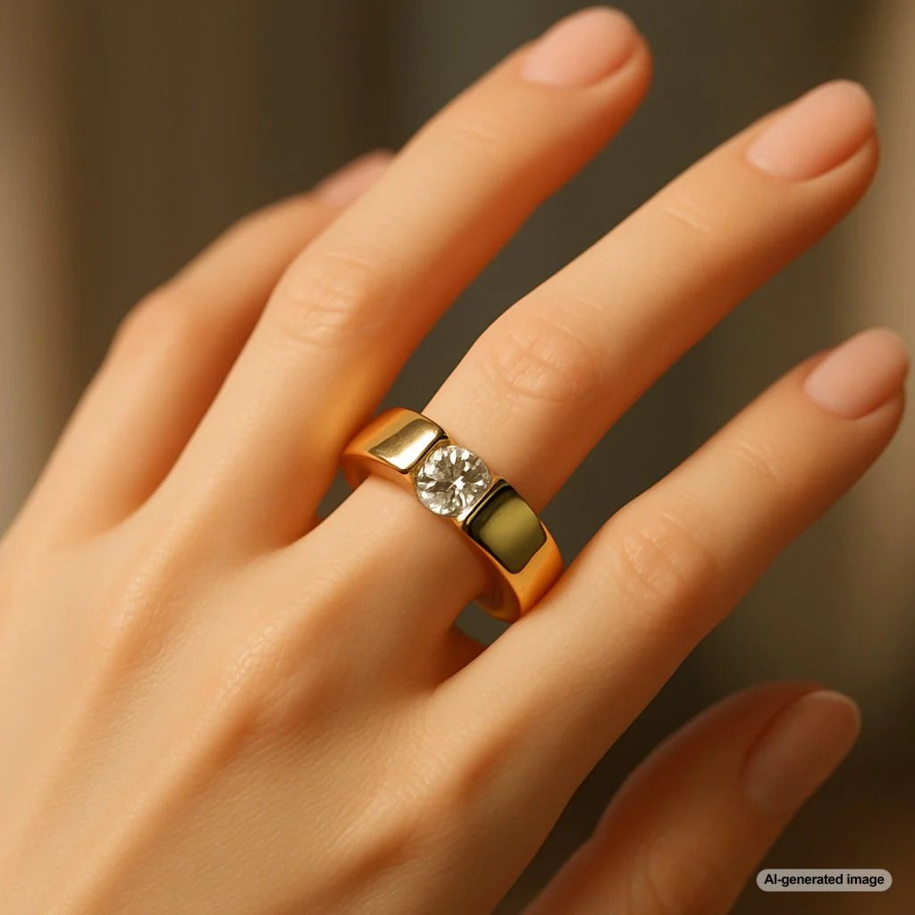 Close up view of a stunning tension set diamond ring creating the illusion of a floating gemstone
