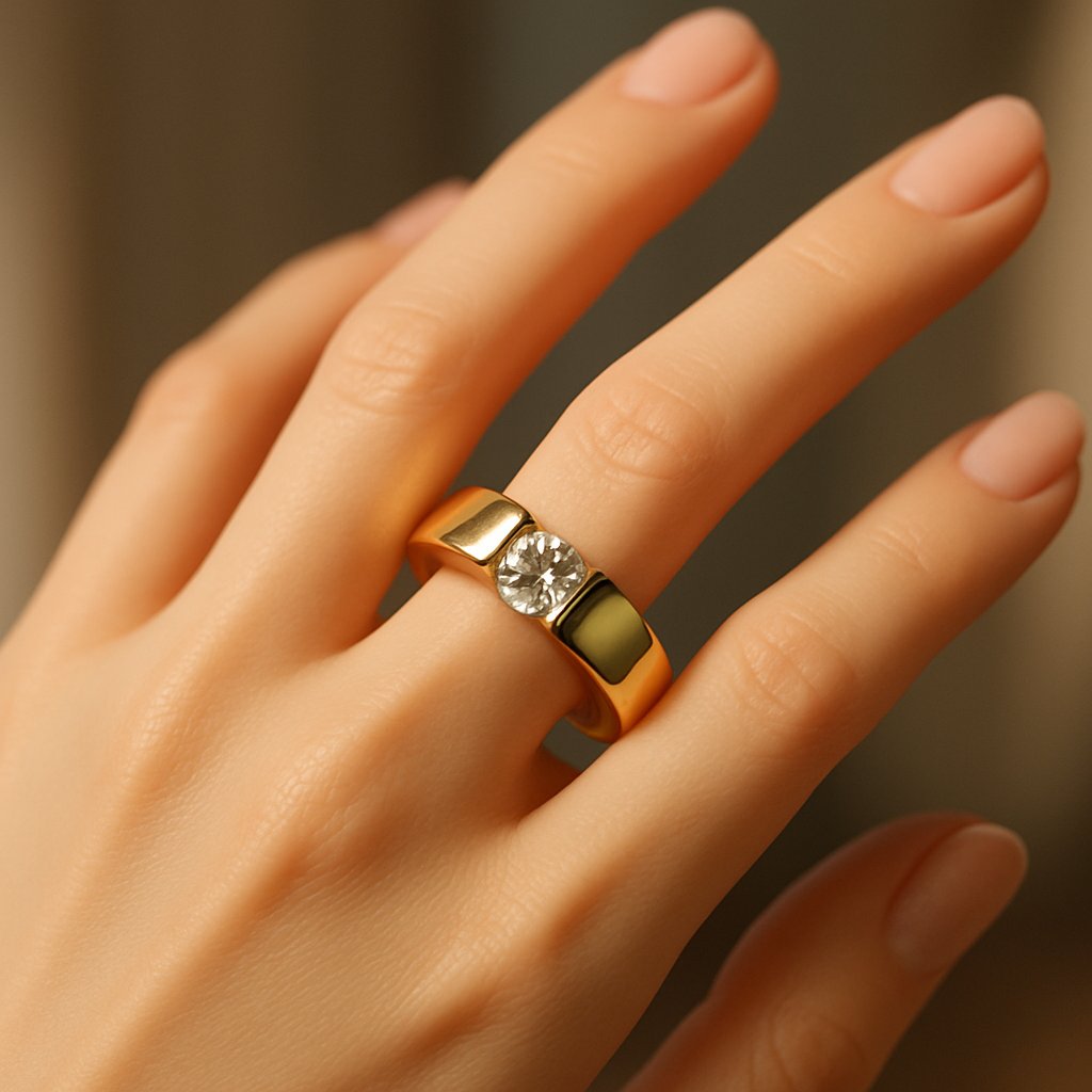 Close up view of a stunning tension set diamond ring creating the illusion of a floating gemstone