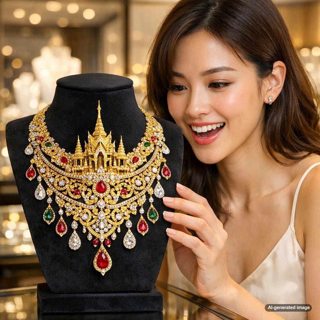 A collection of exquisite handmade Thai temple bracelets and bangles with intricate details, resting on a rich, dark textile.