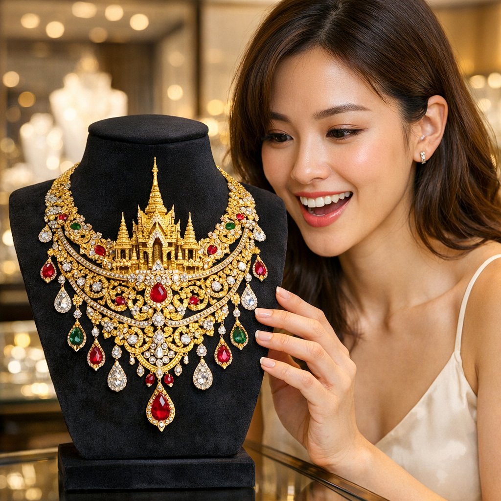 A collection of exquisite handmade Thai temple bracelets and bangles with intricate details, resting on a rich, dark textile.