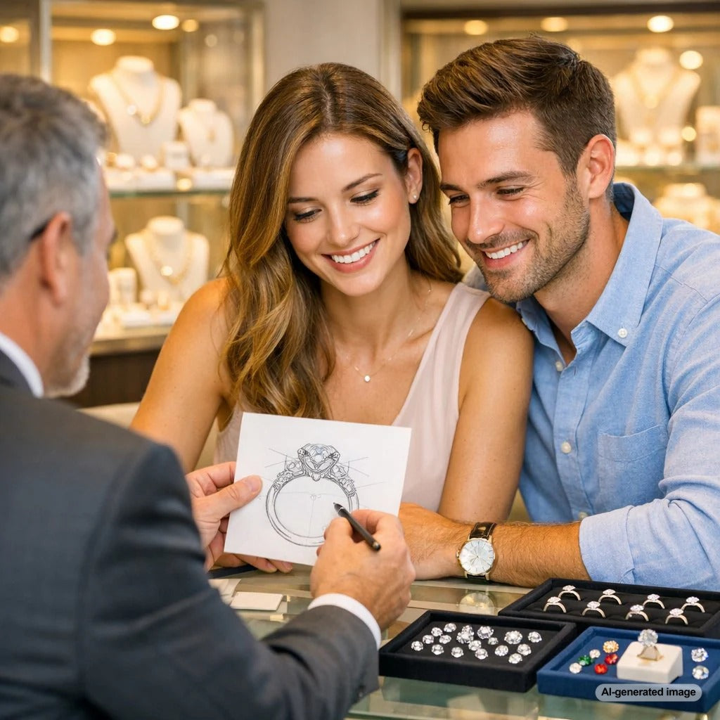 A couple meeting with a jeweler to design a custom engagement ring, reviewing sketches and gemstone options together at Robinson's Jewelers.