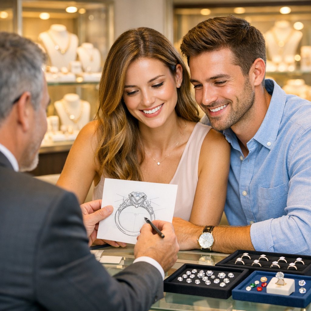 A couple meeting with a jeweler to design a custom engagement ring, reviewing sketches and gemstone options together at Robinson's Jewelers.