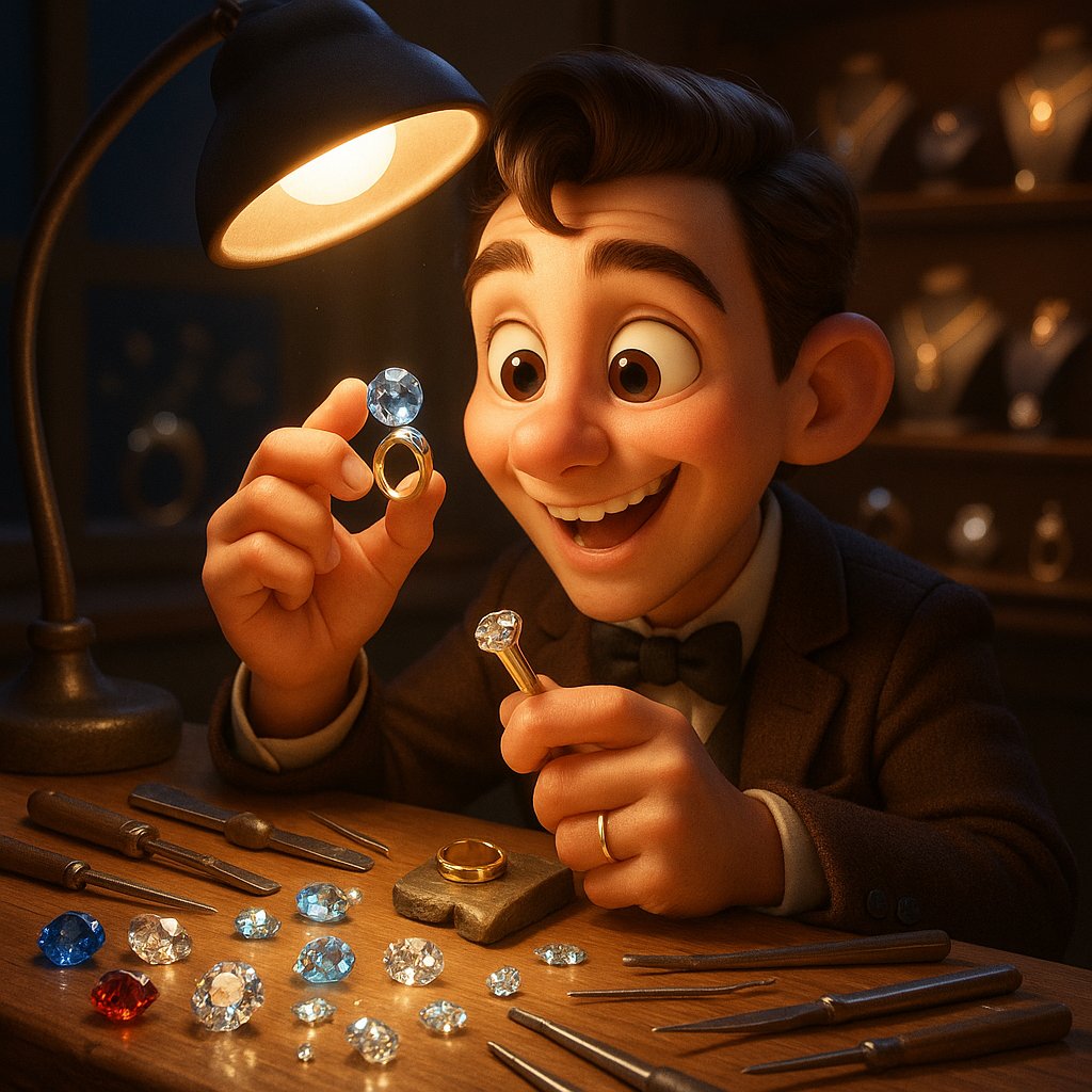 Close-up view of jewelry metals showing gold, platinum, and silver textures with jewelry tools