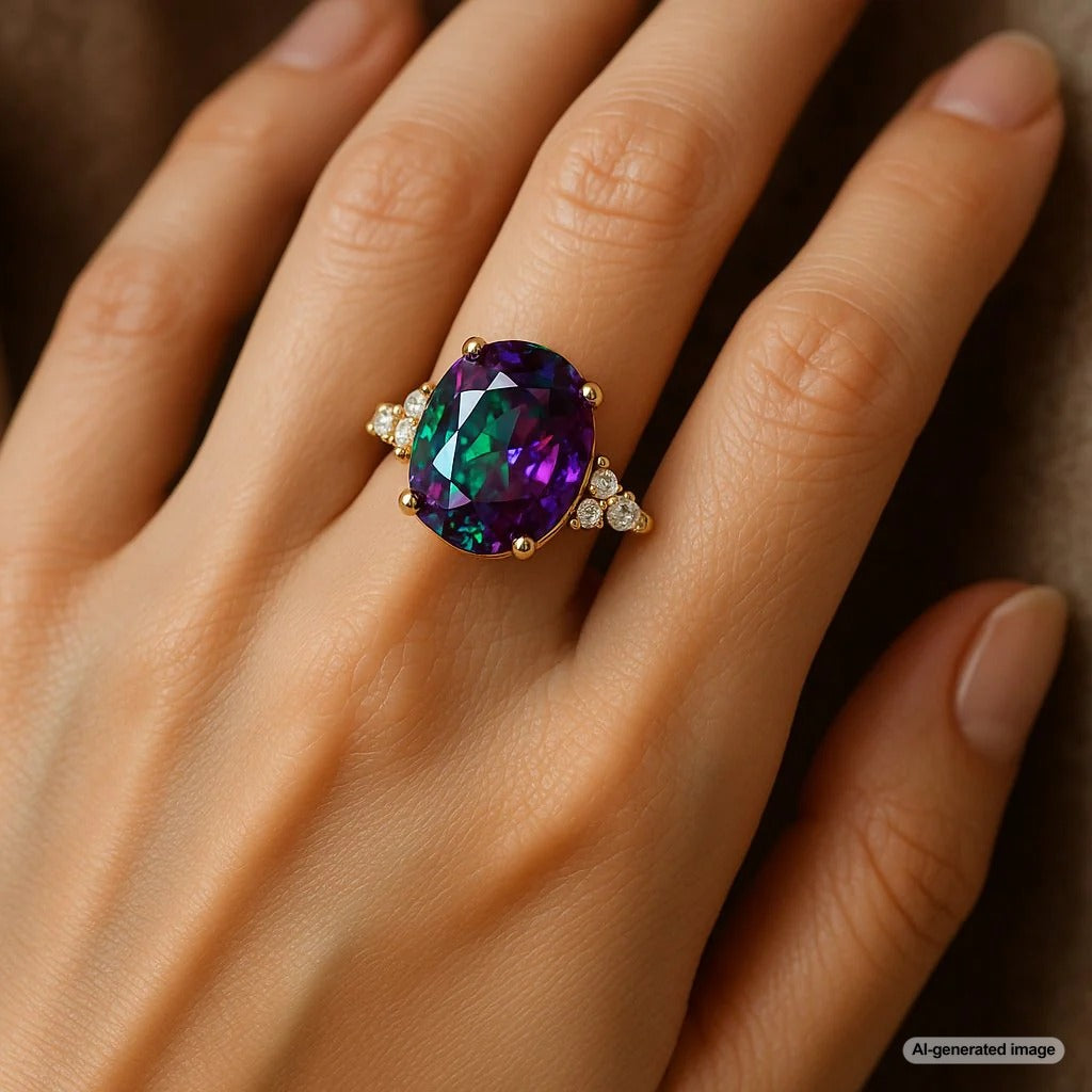 Alexandrite gemstone showing color change from green to red under different lighting