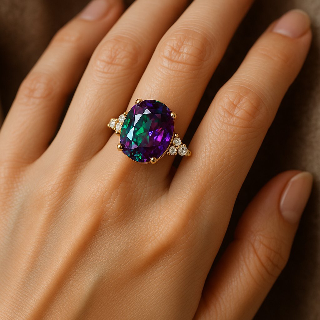 Alexandrite gemstone showing color change from green to red under different lighting