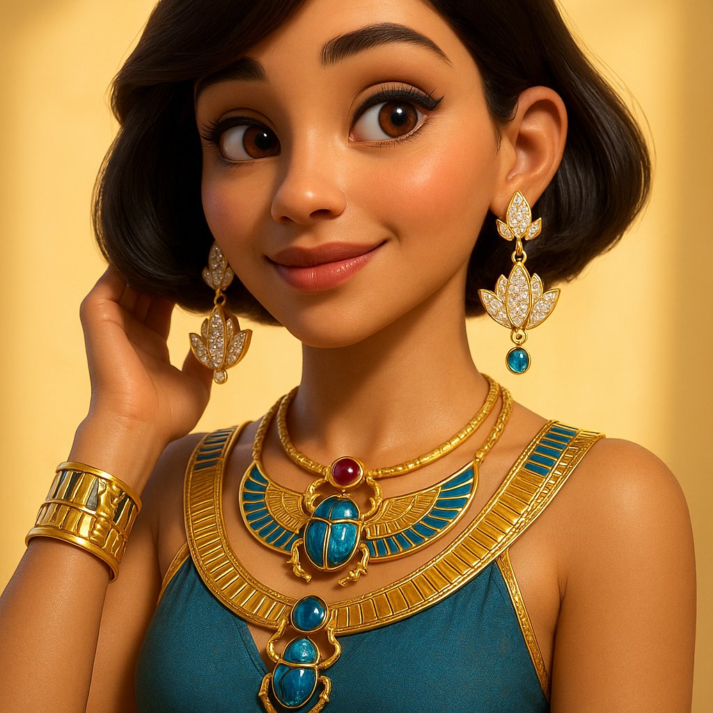 Stunning collection of Egyptian revival jewelry featuring scarab beetles, lotus blossoms, and pharaoh motifs in gold and vibrant gemstones