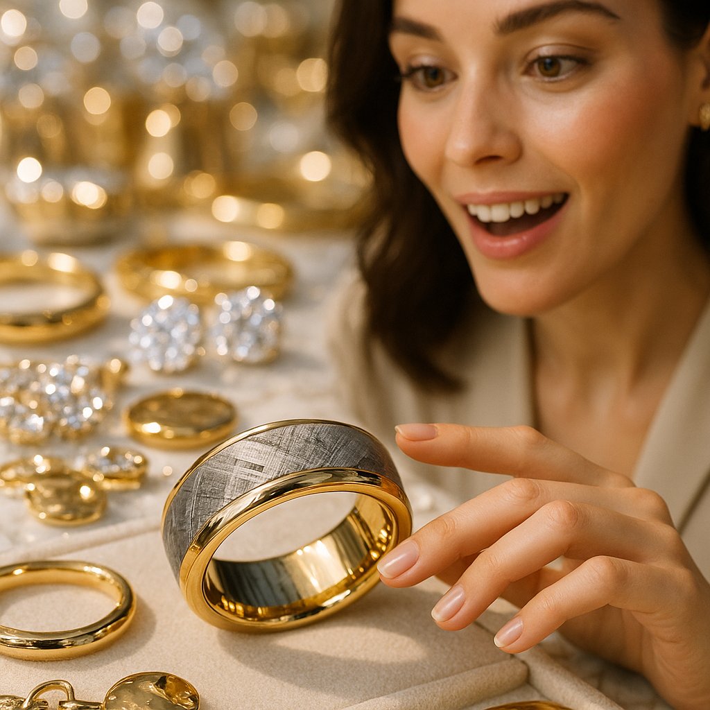 Close-up of a luxury men's wedding band featuring a striking grey Gibeon meteorite inlay set between two rows of brilliant diamonds.