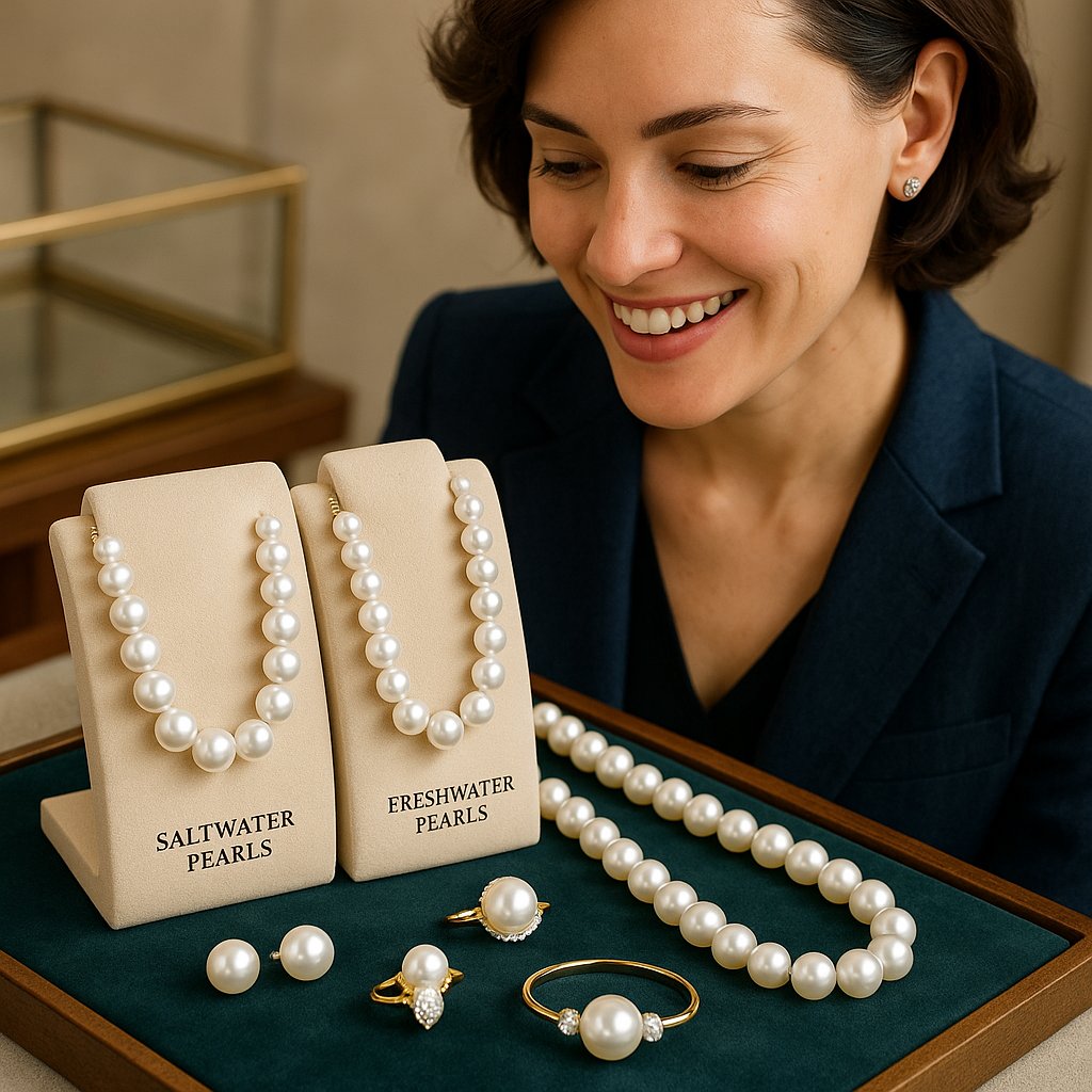 Luxurious comparison of saltwater and freshwater pearls displayed on velvet at Robinson's Jewelers