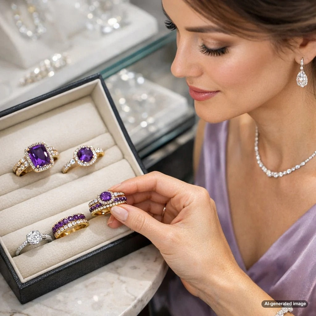 Stackable amethyst rings and royal purple gemstone jewelry on display at Robinson's Jewelers