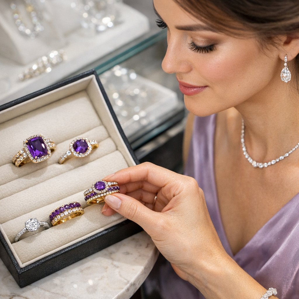 Stackable amethyst rings and royal purple gemstone jewelry on display at Robinson's Jewelers