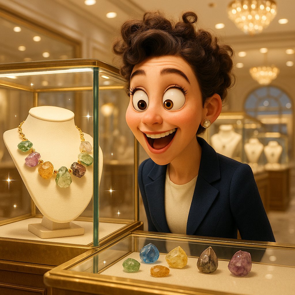 Raw uncut gemstones in various natural formations showing unique textures and inclusions