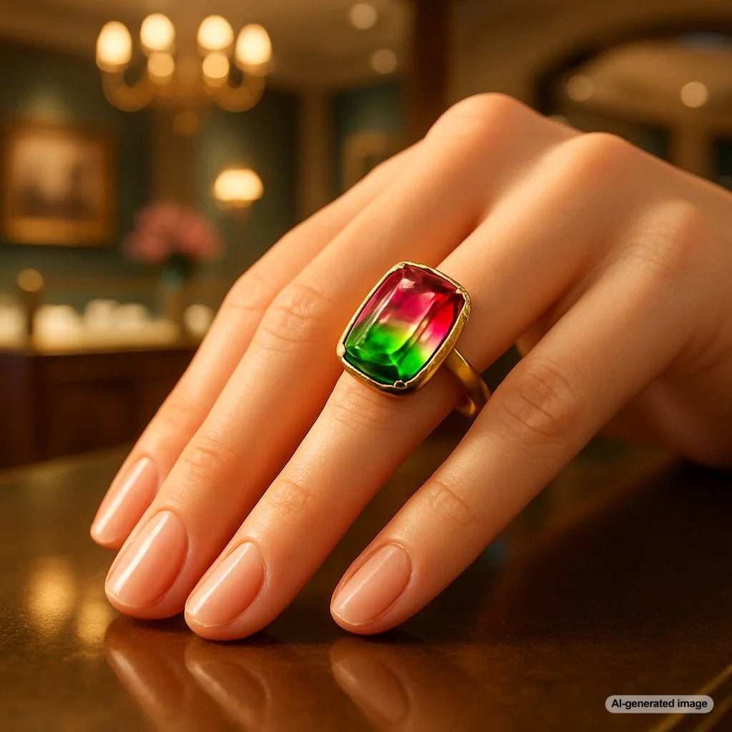 Stunning watermelon tourmaline gemstone jewelry showing pink center and green outer layer
