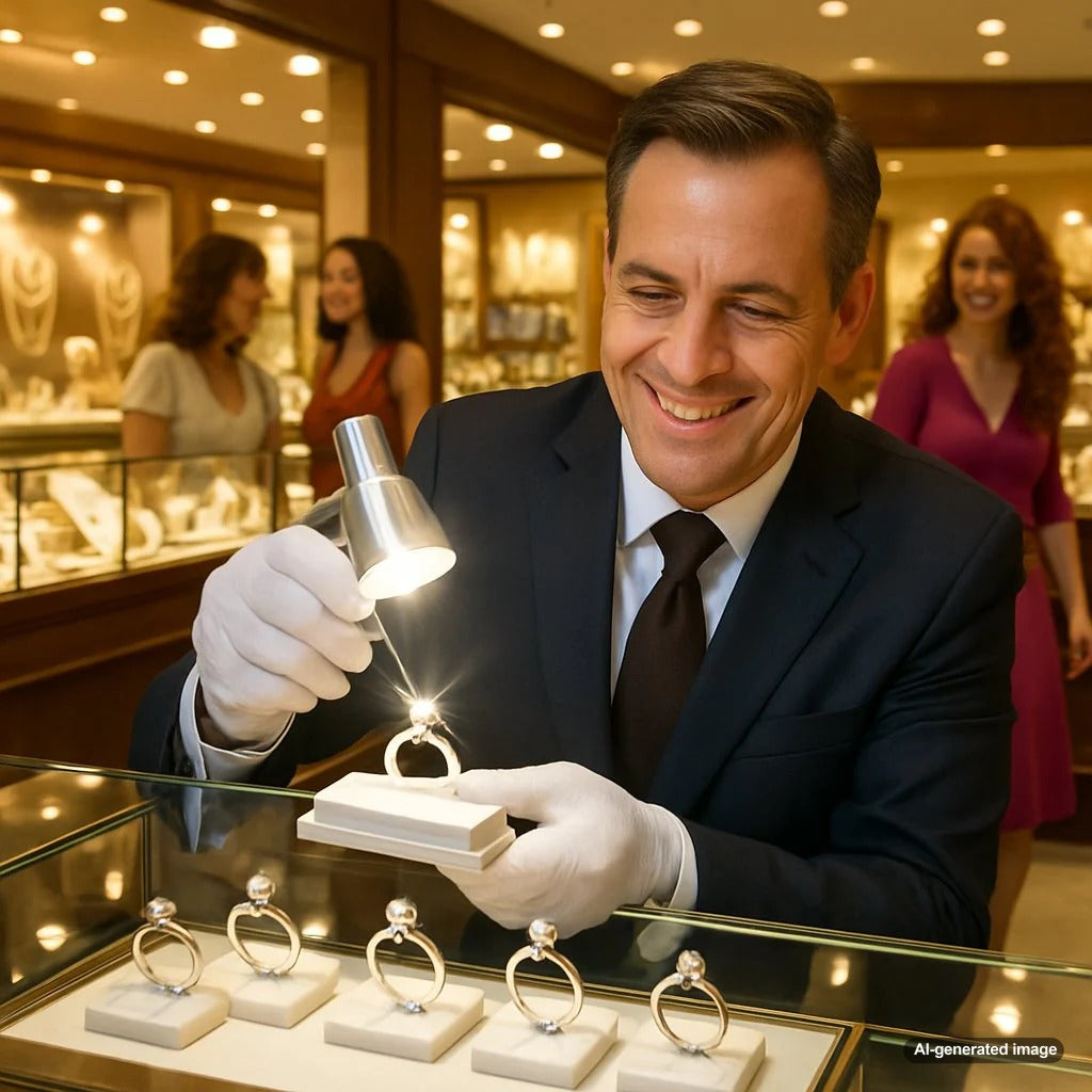 Close-up macro photography of various diamond ring settings showcasing prong, bezel, and pav&eacute; styles at Robinson's Jewelers