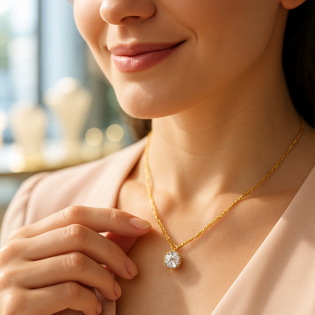 A woman touching a delicate anchor necklace, symbolizing grounding and personal strength in fine jewelry