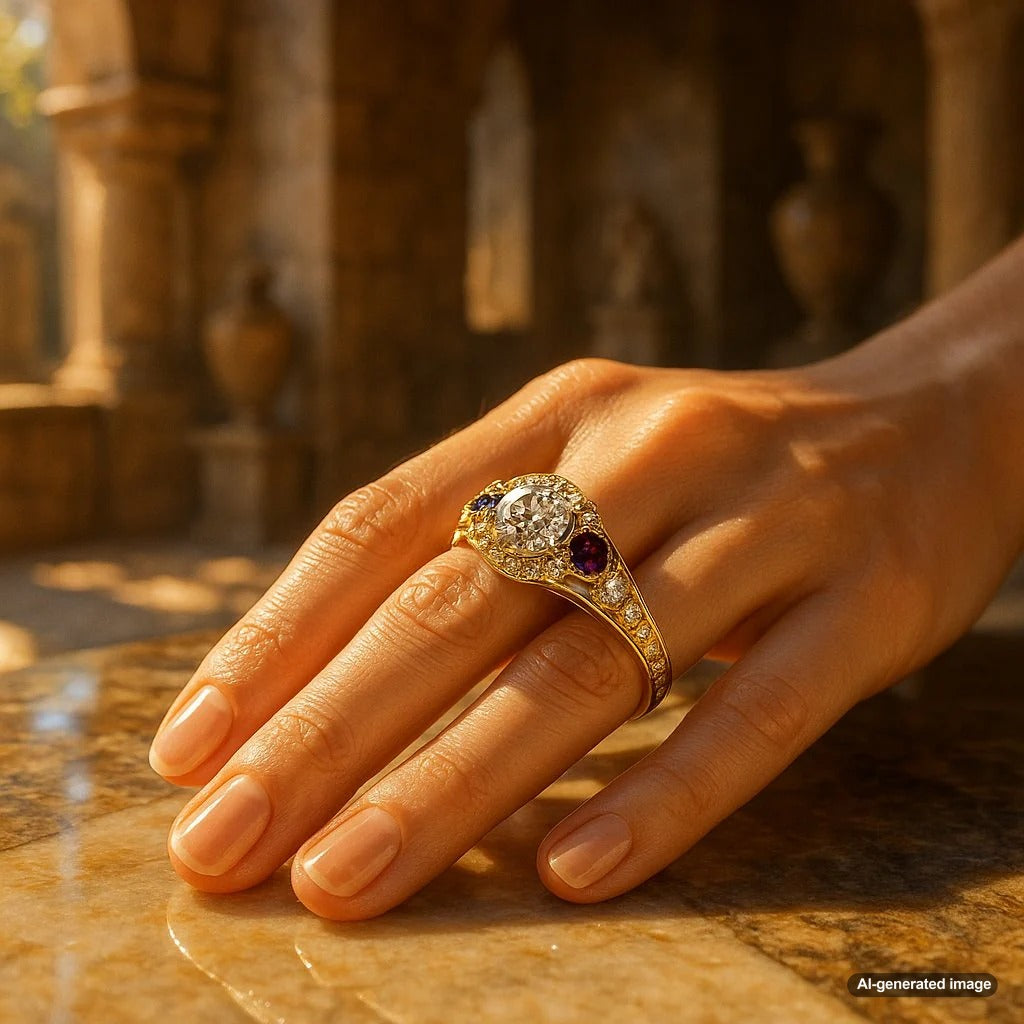 Close-up of a classic diamond wedding band being placed on the ring finger, showcasing the timeless tradition