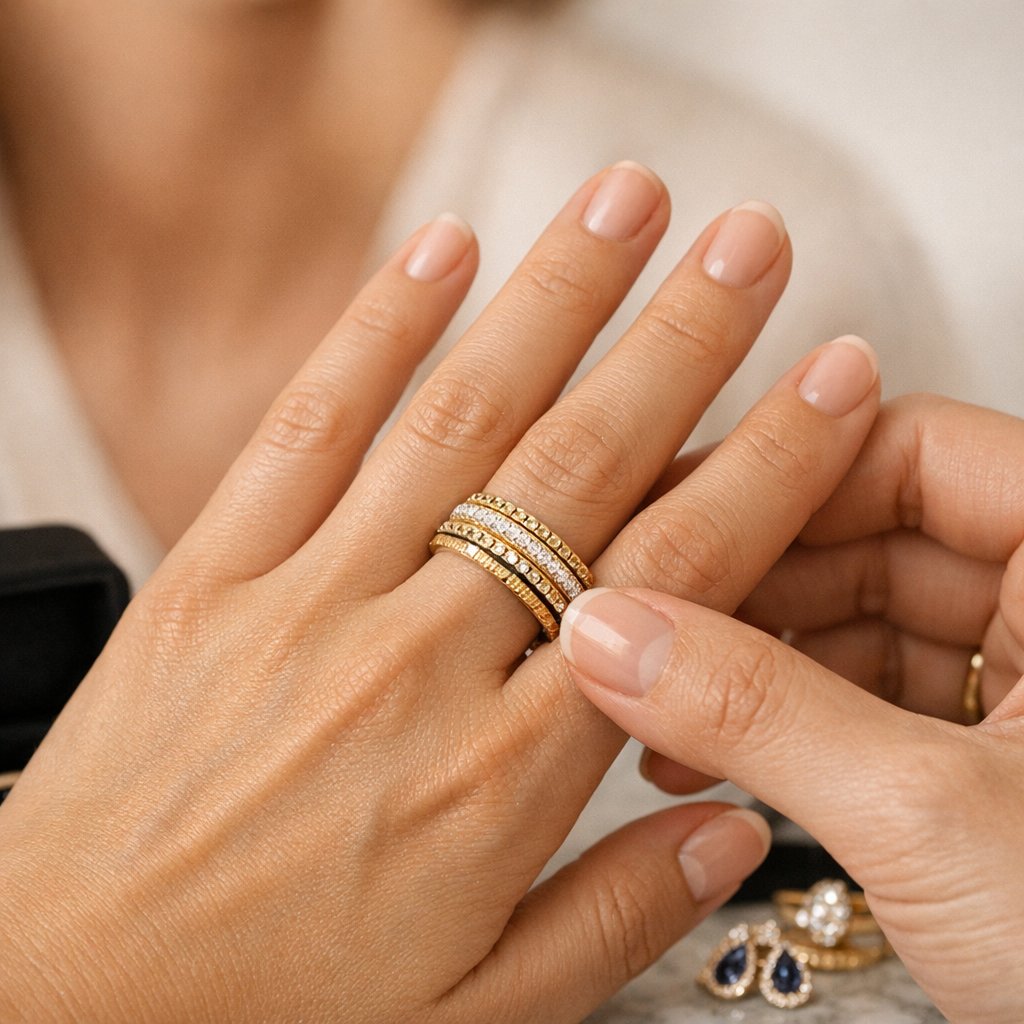 A collection of textured anxiety rings and calming gemstone jewelry displayed on a natural surface for grounding and stress relief
