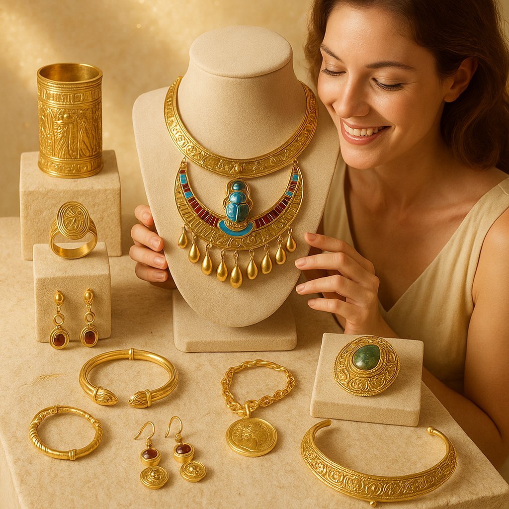 Archaeological revival jewelry featuring Egyptian and Roman inspired designs including serpent bracelets and coin necklaces