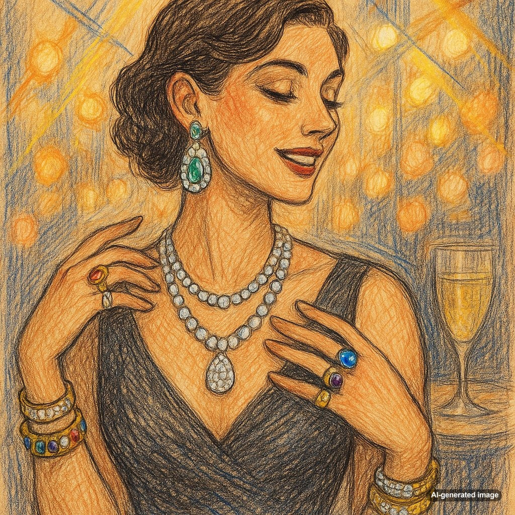 Elegant layered gold necklaces and bracelets artfully arranged to demonstrate jewelry styling techniques