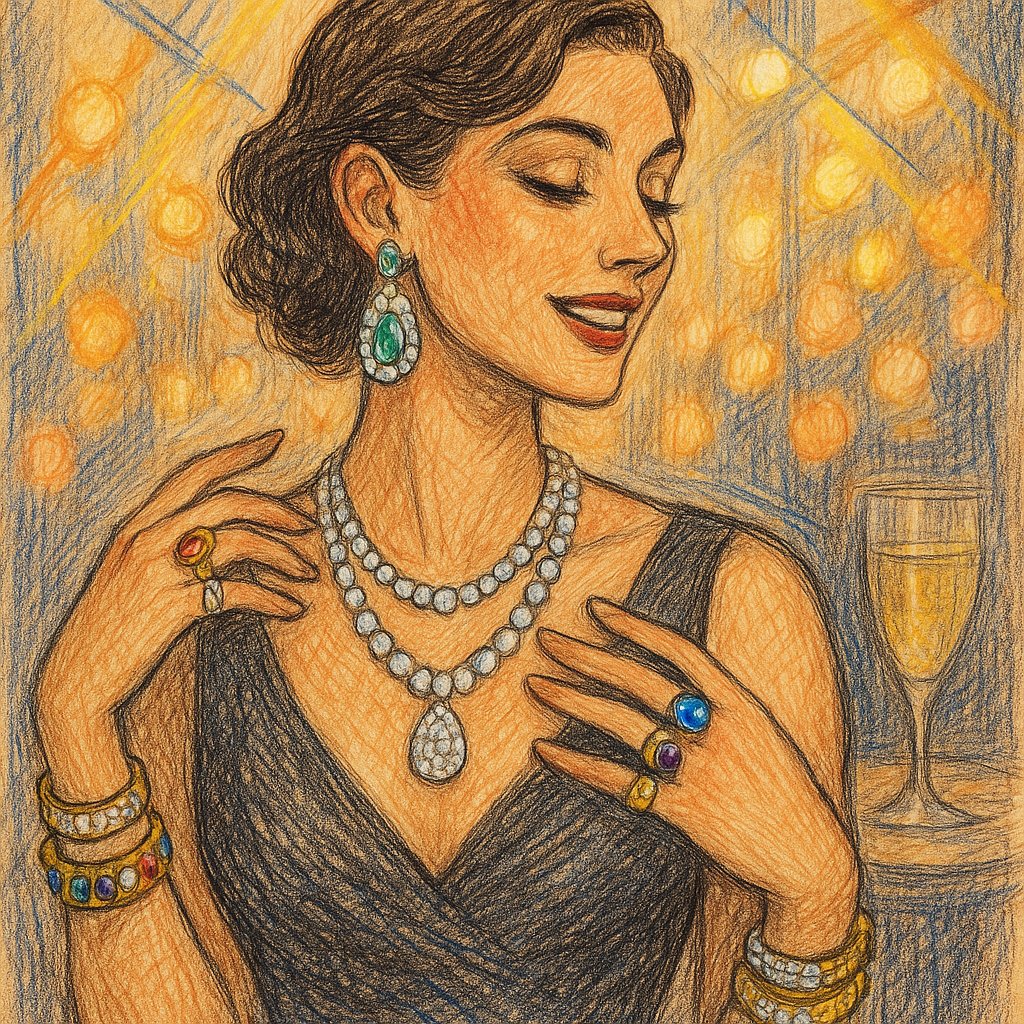 Elegant layered gold necklaces and bracelets artfully arranged to demonstrate jewelry styling techniques