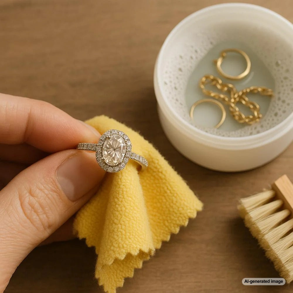 Woman carefully cleaning a diamond ring with a soft cloth