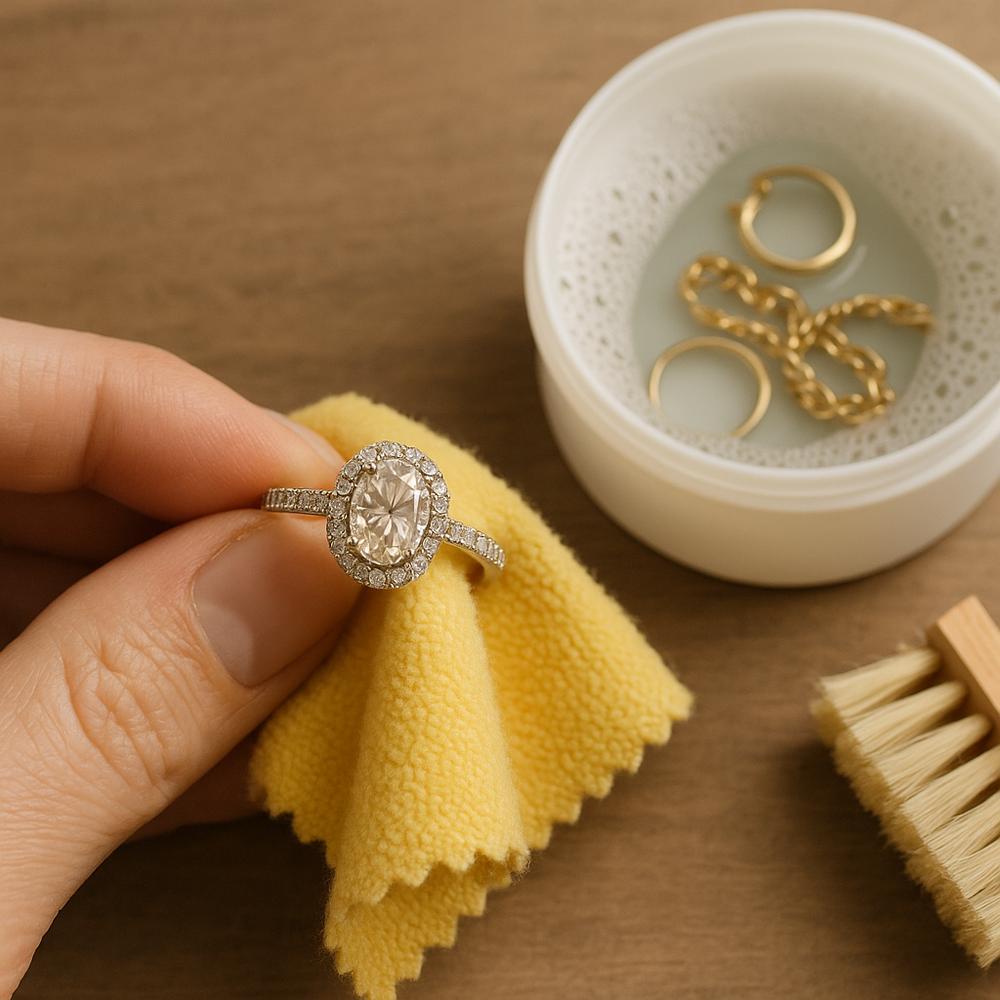Woman carefully cleaning a diamond ring with a soft cloth