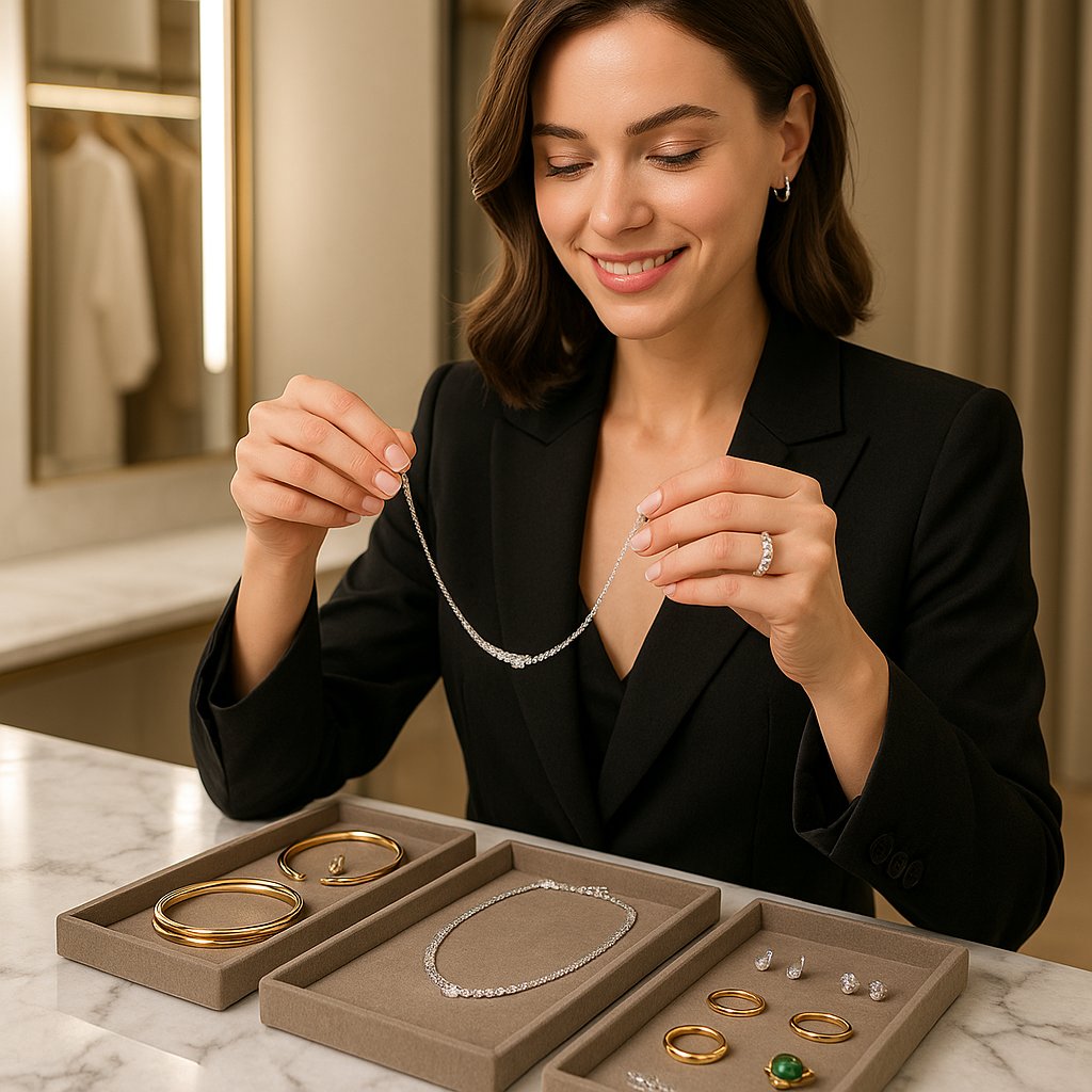 A curated selection of minimalist fine jewelry including diamond studs, a delicate pendant necklace, and a stack of thin gold bracelets arranged elegantly on a neutral background
