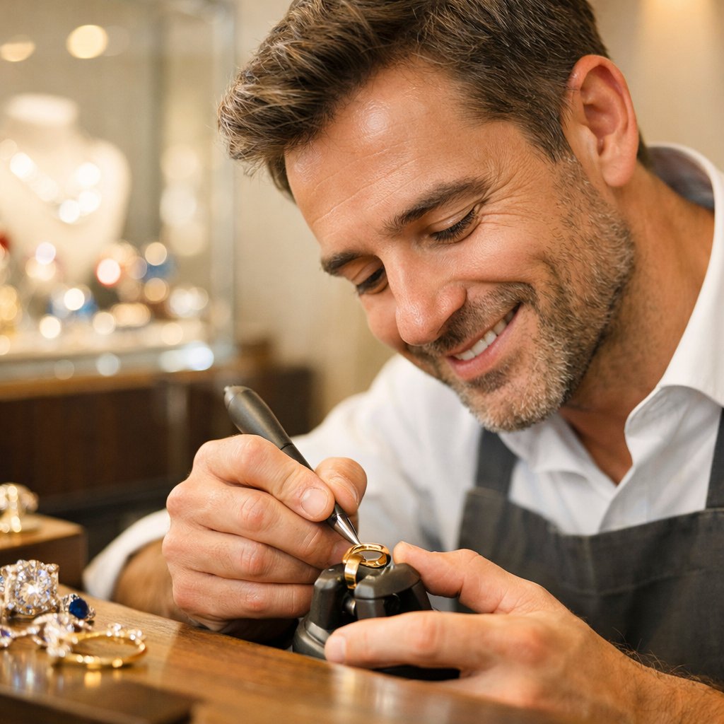 Close-up of a jeweler's hands using a laser engraving machine to personalize a delicate gold wedding band with a meaningful message.