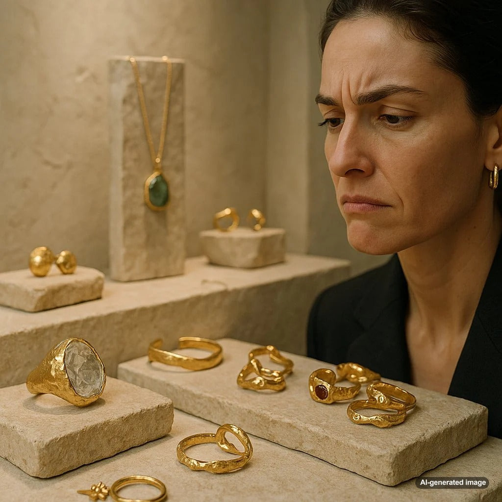 Handcrafted wabi-sabi jewelry featuring asymmetrical designs, textured metals, and unique gemstones